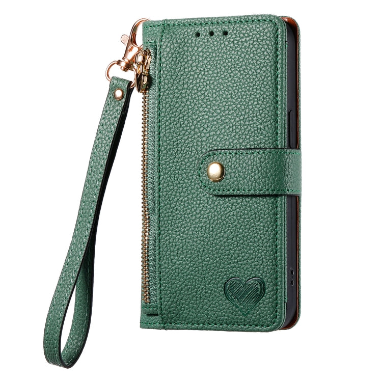 For iPhone 12 / 12 Pro Love Zipper Lanyard Leather Phone Case(Green) by buy2fix