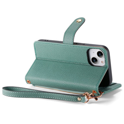 For iPhone 12 / 12 Pro Love Zipper Lanyard Leather Phone Case(Green) by buy2fix