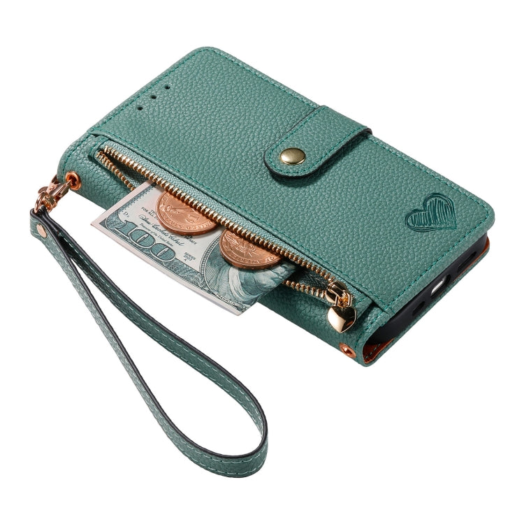 For iPhone 12 / 12 Pro Love Zipper Lanyard Leather Phone Case(Green) by buy2fix