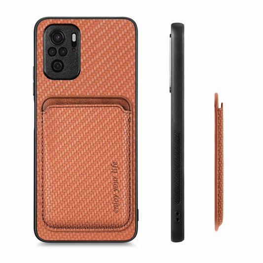 For Xiaomi Redmi Note 10 4G Carbon Fiber Leather Card Magnetic Phone Case(Brown) by buy2fix