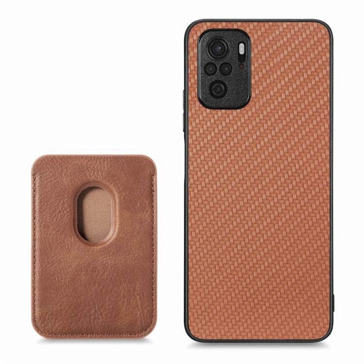 For Redmi Note 10 4G Carbon Fiber Leather Card Magsafe Phone Case(Brown) - Xiaomi Cases by buy2fix | Online Shopping UK | buy2fix