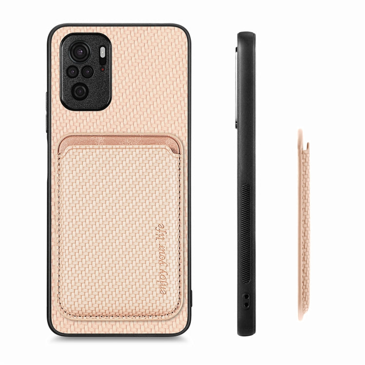 For Redmi Note 10 4G Carbon Fiber Leather Card Magsafe Phone Case(Khaki) - Xiaomi Cases by buy2fix | Online Shopping UK | buy2fix