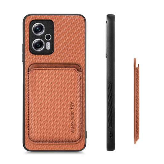 For Xiaomi Redmi Note 11T Pro 5G Carbon Fiber Leather Card Magnetic Phone Case(Brown) by buy2fix