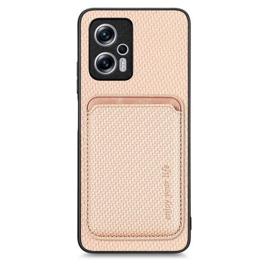 For Redmi Note 11T Pro 5G Carbon Fiber Leather Card Magsafe Phone Case(Khaki) - Xiaomi Cases by buy2fix | Online Shopping UK | buy2fix