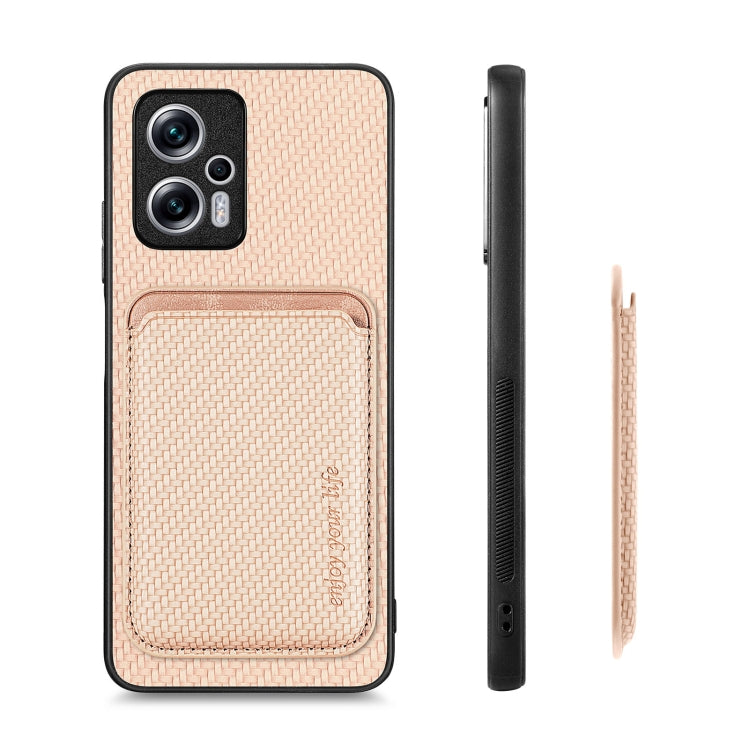 For Redmi Note 11T Pro 5G Carbon Fiber Leather Card Magsafe Phone Case(Khaki) - Xiaomi Cases by buy2fix | Online Shopping UK | buy2fix