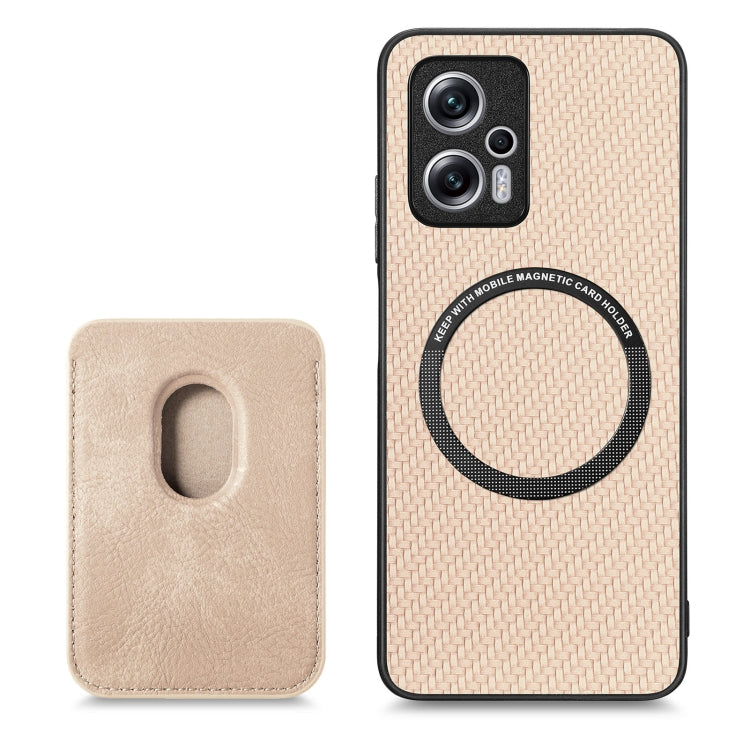 For Redmi Note 11T Pro 5G Carbon Fiber Leather Card Magsafe Phone Case(Khaki) - Xiaomi Cases by buy2fix | Online Shopping UK | buy2fix