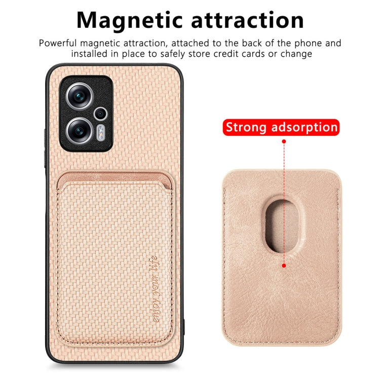 For Redmi Note 11T Pro 5G Carbon Fiber Leather Card Magsafe Phone Case(Khaki) - Xiaomi Cases by buy2fix | Online Shopping UK | buy2fix