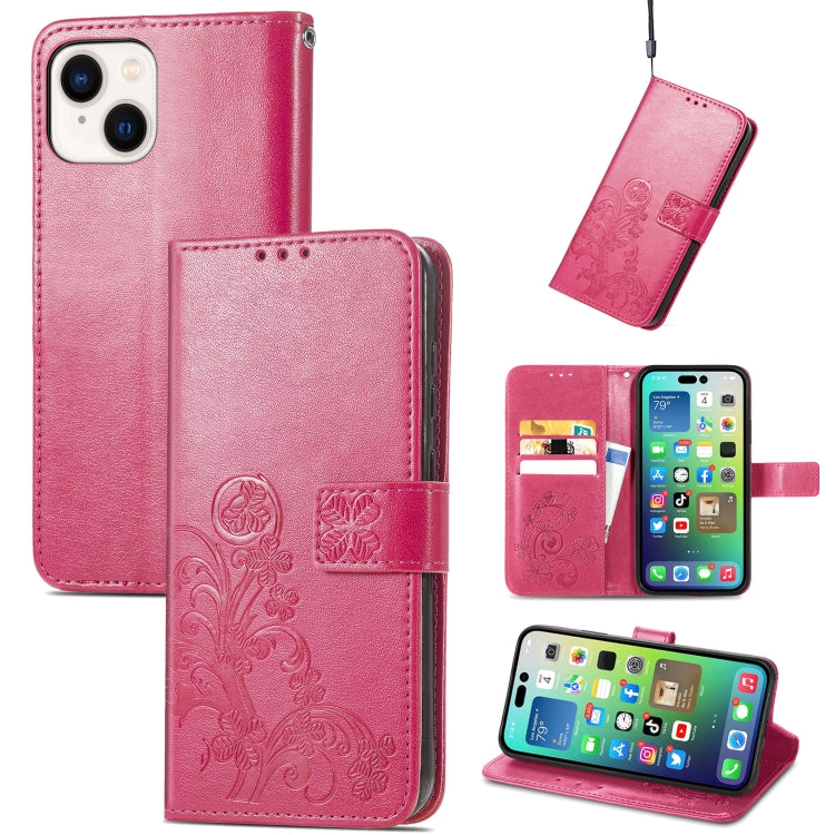 For iPhone 15 Four-leaf Clasp Embossed Buckle Leather Phone Case(Magengta) - iPhone 15 Cases by buy2fix | Online Shopping UK | buy2fix