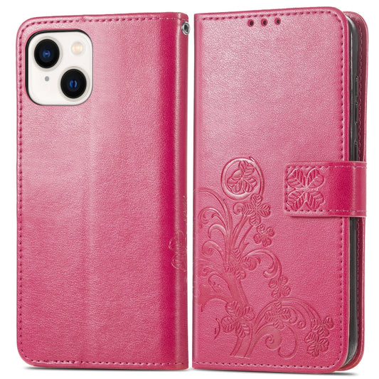 For iPhone 15 Four-leaf Clasp Embossed Buckle Leather Phone Case(Magengta) by buy2fix