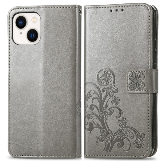 For iPhone 15 Plus Four-leaf Clasp Embossed Buckle Leather Phone Case(Gray) by buy2fix