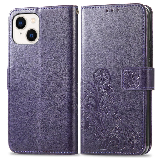 For iPhone 15 Plus Four-leaf Clasp Embossed Buckle Leather Phone Case(Purple) by buy2fix