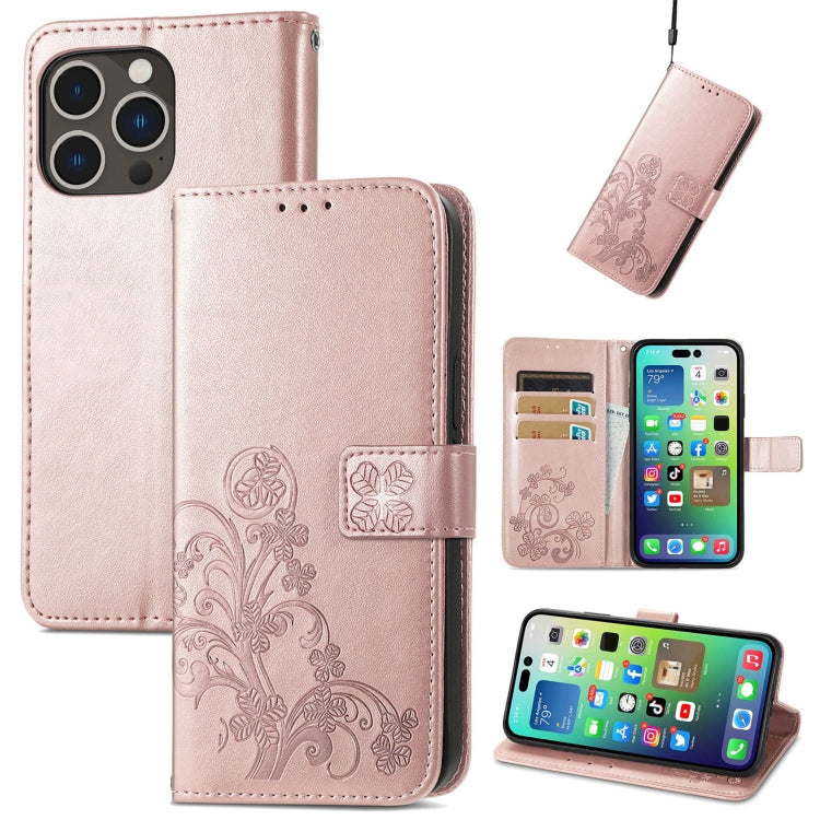 For iPhone 15 Pro Four-leaf Clasp Embossed Buckle Leather Phone Case(Rose Gold) - iPhone 15 Pro Cases by buy2fix | Online Shopping UK | buy2fix