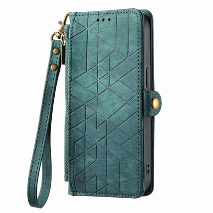 For iPhone 14 Pro Geometric Zipper Wallet Side Buckle Leather Phone Case(Green) - iPhone 14 Pro Cases by buy2fix | Online Shopping UK | buy2fix