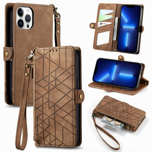 For iPhone 13 Pro Geometric Zipper Wallet Side Buckle Leather Phone Case(Brown) - iPhone 13 Pro Cases by buy2fix | Online Shopping UK | buy2fix