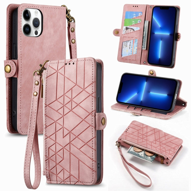 For iPhone 13 Pro Geometric Zipper Wallet Side Buckle Leather Phone Case(Pink) - iPhone 13 Pro Cases by buy2fix | Online Shopping UK | buy2fix