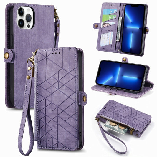 For iPhone 13 Pro Geometric Zipper Wallet Side Buckle Leather Phone Case(Purple) - iPhone 13 Pro Cases by buy2fix | Online Shopping UK | buy2fix