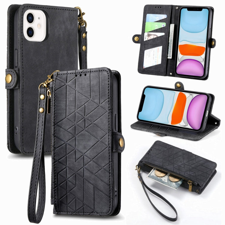 For iPhone 11 Geometric Zipper Wallet Side Buckle Leather Phone Case(Black) - iPhone 11 Cases by buy2fix | Online Shopping UK | buy2fix