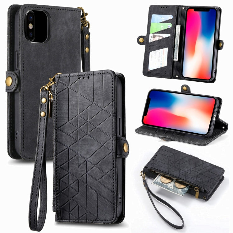 For iPhone X / XS Geometric Zipper Wallet Side Buckle Leather Phone Case(Black) - More iPhone Cases by buy2fix | Online Shopping UK | buy2fix