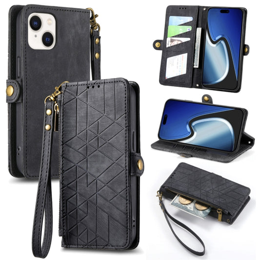 For iPhone 15 Geometric Zipper Wallet Side Buckle Leather Phone Case(Black) - iPhone 15 Cases by buy2fix | Online Shopping UK | buy2fix