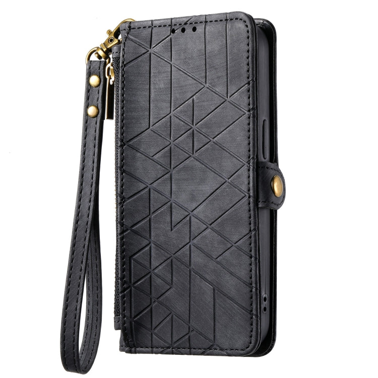 For iPhone 15 Geometric Zipper Wallet Side Buckle Leather Phone Case(Black) - iPhone 15 Cases by buy2fix | Online Shopping UK | buy2fix