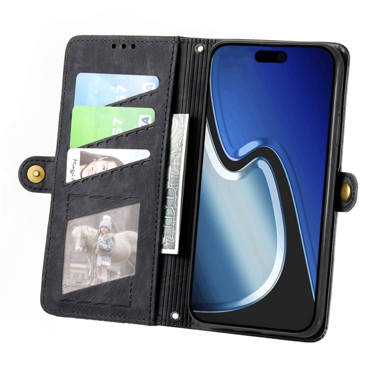 For iPhone 15 Geometric Zipper Wallet Side Buckle Leather Phone Case(Black) - iPhone 15 Cases by buy2fix | Online Shopping UK | buy2fix