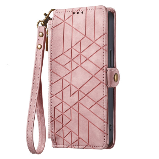 For iPhone 15 Plus Geometric Zipper Wallet Side Buckle Leather Phone Case(Pink) by buy2fix