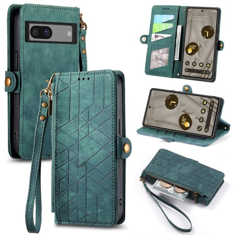 For Google Pixel 7 Geometric Zipper Wallet Side Buckle Leather Phone Case(Green) - Google Cases by buy2fix | Online Shopping UK | buy2fix