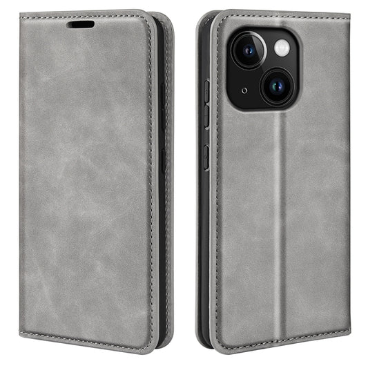 For iPhone 15 Plus Retro-skin  Magnetic Suction Leather Phone Case(Grey) - iPhone 15 Plus Cases by buy2fix | Online Shopping UK | buy2fix