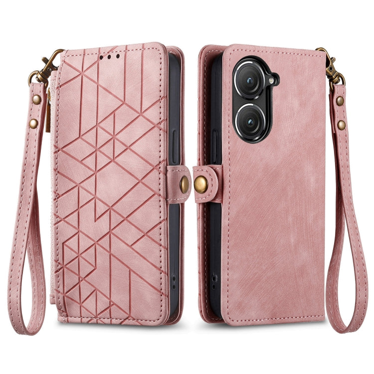 For ASUS Zenfone 9 Geometric Zipper Wallet Side Buckle Leather Phone Case(Pink) - ASUS Cases by buy2fix | Online Shopping UK | buy2fix