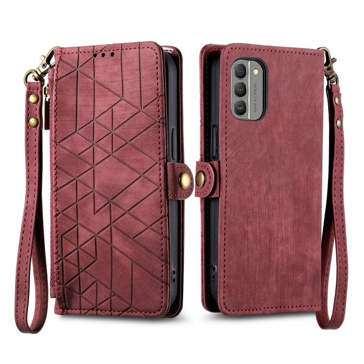 For Nokia G400 Geometric Zipper Wallet Side Buckle Leather Phone Case(Red) - Nokia Cases by buy2fix | Online Shopping UK | buy2fix