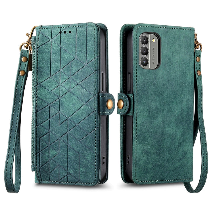 For Nokia G22 Geometric Zipper Wallet Side Buckle Leather Phone Case(Green) - Nokia Cases by buy2fix | Online Shopping UK | buy2fix