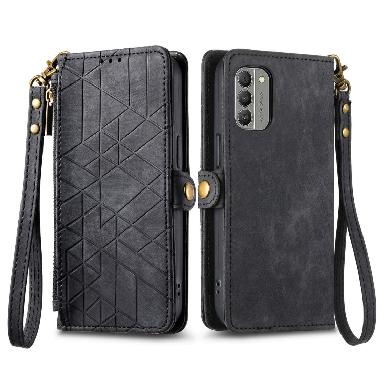 For Nokia C31 Geometric Zipper Wallet Side Buckle Leather Phone Case(Black) - Nokia Cases by buy2fix | Online Shopping UK | buy2fix