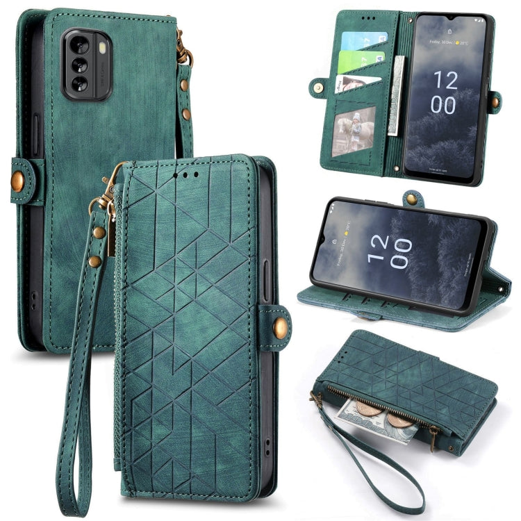 For Nokia G60 5G Geometric Zipper Wallet Side Buckle Leather Phone Case(Green) - Nokia Cases by buy2fix | Online Shopping UK | buy2fix