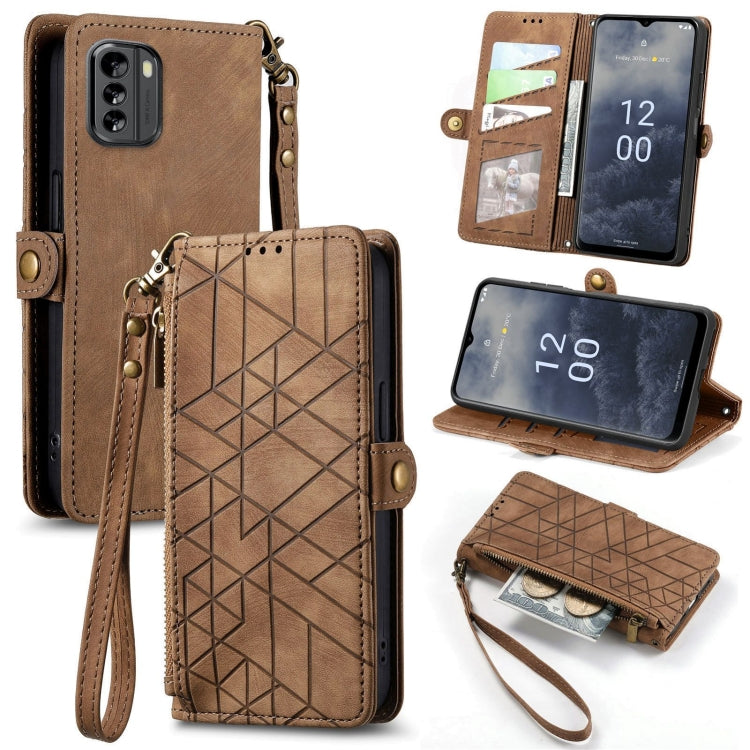 For Nokia G60 5G Geometric Zipper Wallet Side Buckle Leather Phone Case(Brown) - Nokia Cases by buy2fix | Online Shopping UK | buy2fix