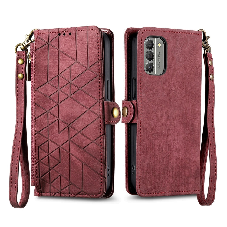 For Nokia C21 Plus Geometric Zipper Wallet Side Buckle Leather Phone Case(Red) - Nokia Cases by buy2fix | Online Shopping UK | buy2fix