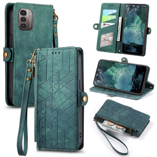 For Nokia G11/G21 Geometric Zipper Wallet Side Buckle Leather Phone Case(Green) - Nokia Cases by buy2fix | Online Shopping UK | buy2fix