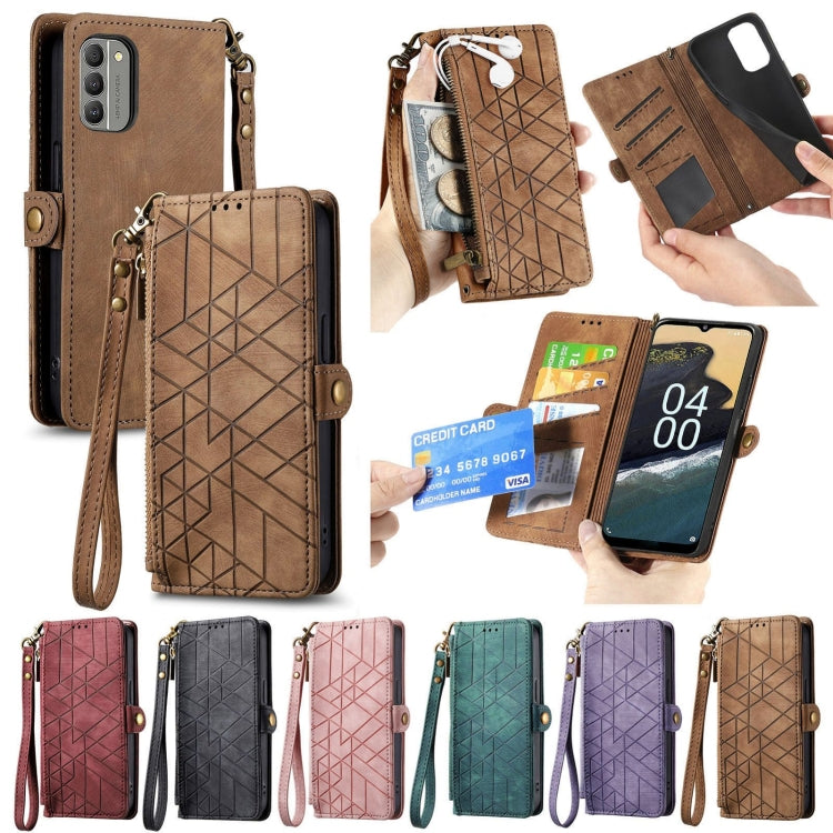 For Nokia X30 5G Geometric Zipper Wallet Side Buckle Leather Phone Case(Brown) - Nokia Cases by buy2fix | Online Shopping UK | buy2fix