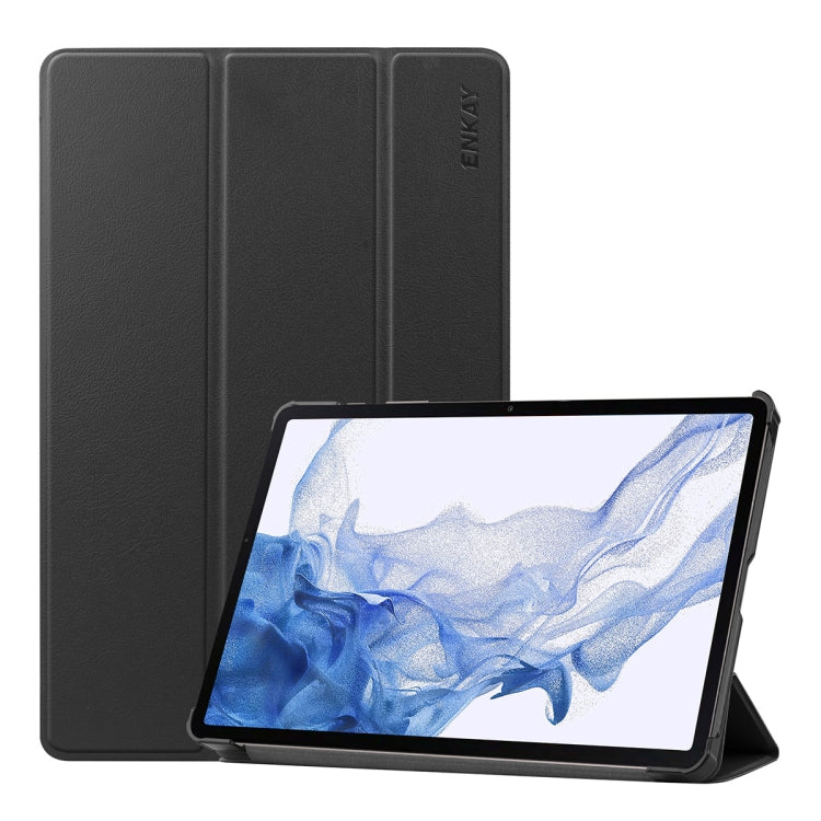 For Samsung Galaxy Tab S9 ENKAY Tri-fold Custer Texture Leather Smart Tablet Case(Black) - Galaxy Tab S9 Cases by ENKAY | Online Shopping UK | buy2fix