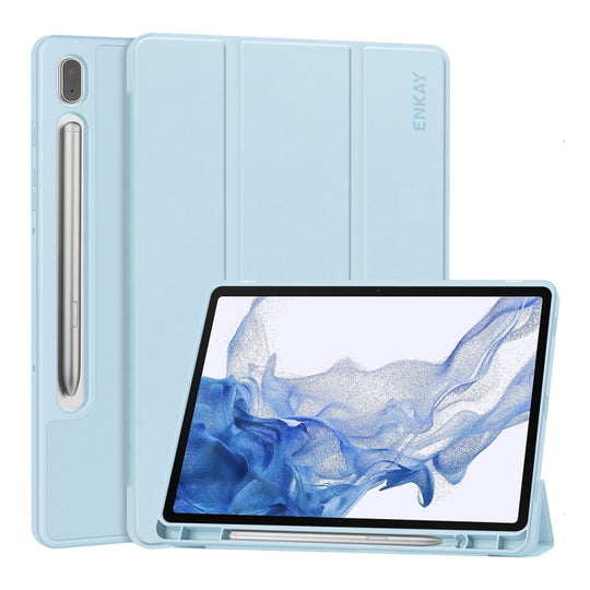 For Samsung Galaxy Tab S9 ENKAY Tri-fold Custer Leather TPU Bottom Smart Case with Pen Slot(Light Blue)
