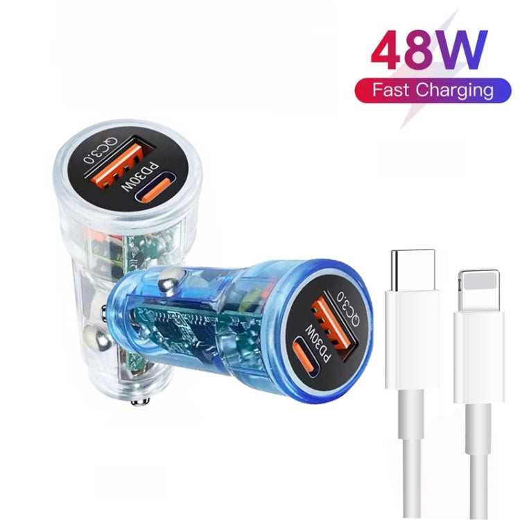 P35 48W PD30W + QC3.0 18W USB Transparent Car Charger with Type-C to 8 Pin Phone Data Cable(Transparent Blue) - Car Charger by buy2fix | Online Shopping UK | buy2fix