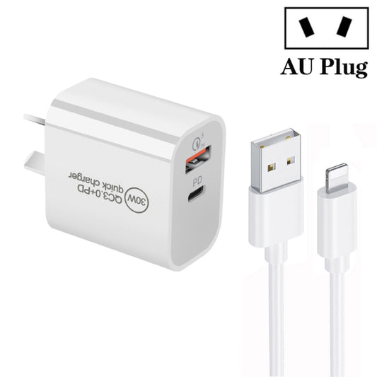 PD30W USB-C / Type-C + QC3.0 USB Dual Port Charger with 1m USB to 8 Pin Data Cable, AU Plug - USB Charger by buy2fix | Online Shopping UK | buy2fix