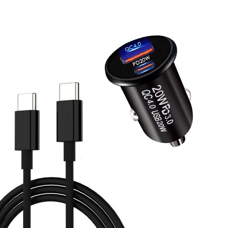 P10 Mini QC4.0 USB / PD20W Car Charger with Type-C to Type-C Fast Charging Data Cable(Black) - Car Charger by buy2fix | Online Shopping UK | buy2fix