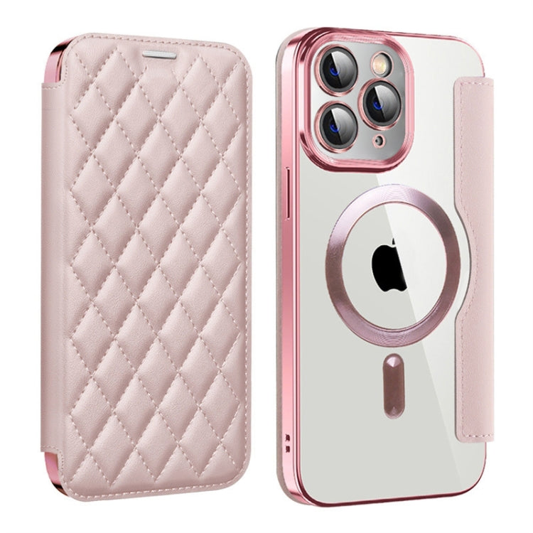 For iPhone 11 Pro Max Shield Magsafe RFID Anti-theft Rhombus Leather Phone Case(Pink) by buy2fix