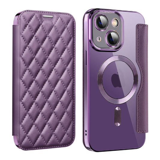 For iPhone 15 Plus Shield Magsafe RFID Anti-theft Rhombus Leather Phone Case(Purple) - iPhone 15 Plus Cases by buy2fix | Online Shopping UK | buy2fix