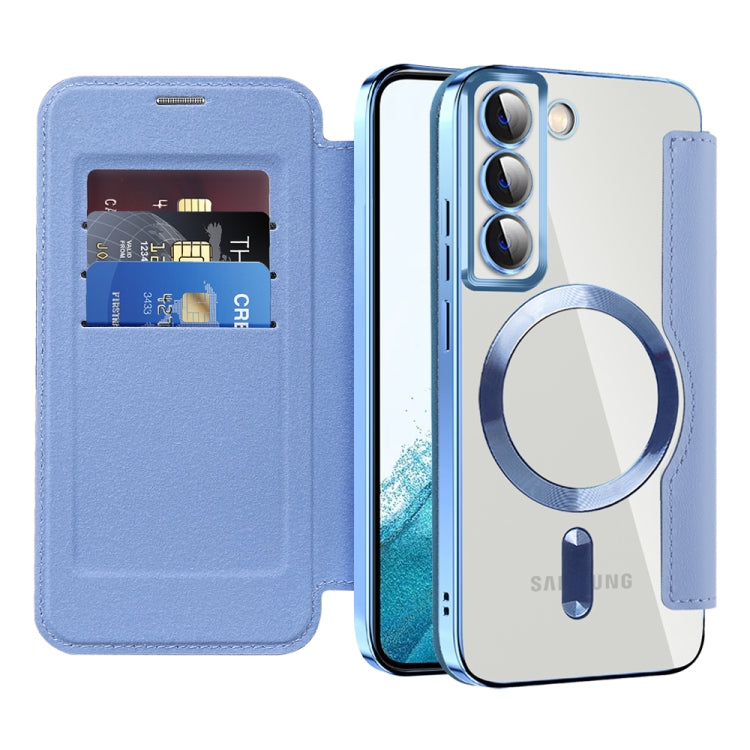 For Samsung Galaxy S22 5G Shield Magsafe RFID Anti-theft Rhombus Leather Phone Case(Blue) - Galaxy S22 5G Cases by buy2fix | Online Shopping UK | buy2fix