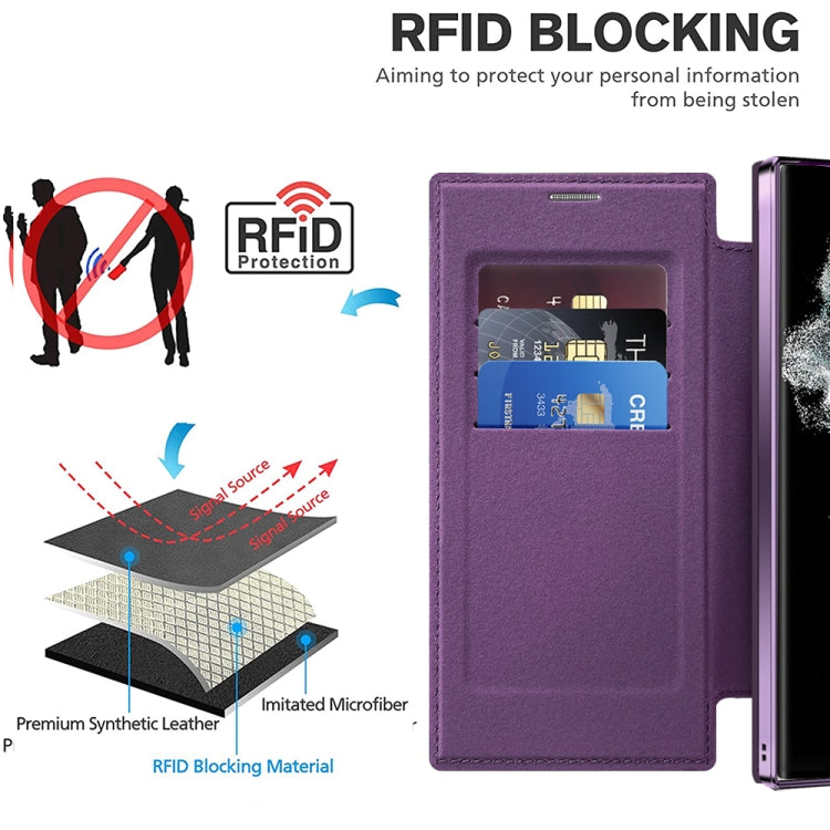 For Samsung Galaxy S22 Ultra 5G Shield MagSafe RFID Anti-theft Rhombus Leather Phone Case(Purple) by buy2fix