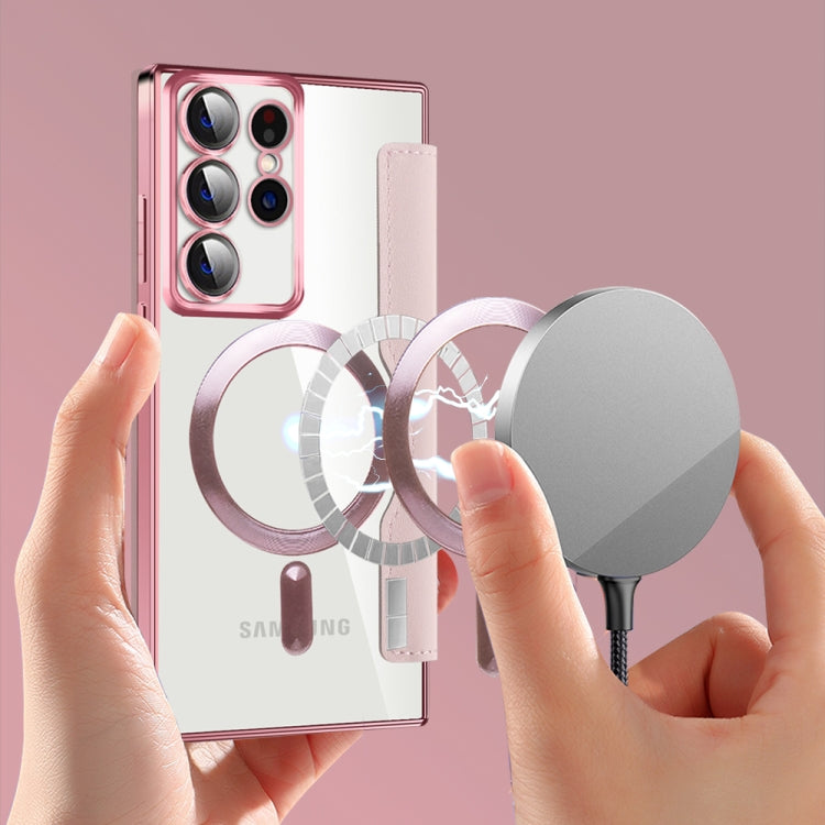 For Samsung Galaxy S22 Ultra 5G Shield MagSafe RFID Anti-theft Rhombus Leather Phone Case(Pink) by buy2fix