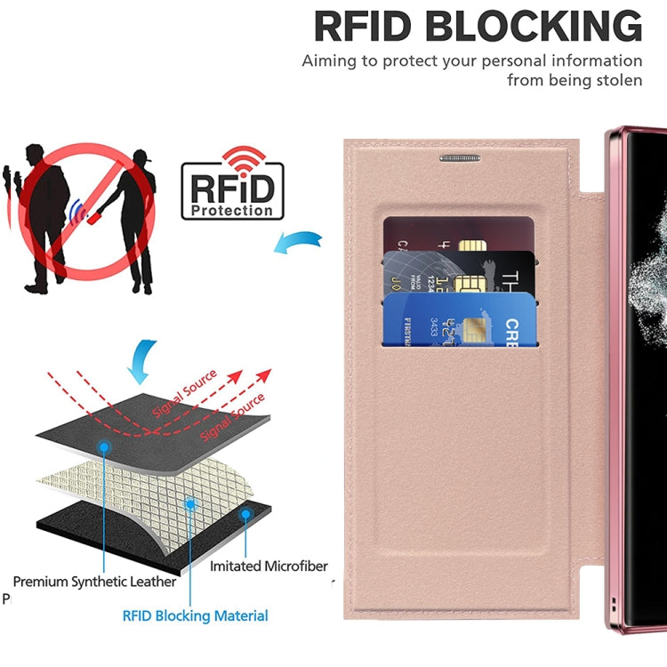 For Samsung Galaxy S22 Ultra 5G Shield MagSafe RFID Anti-theft Rhombus Leather Phone Case(Pink) by buy2fix
