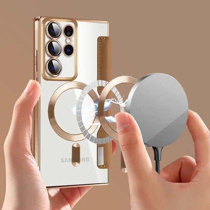 For Samsung Galaxy S22 Ultra 5G Shield MagSafe RFID Anti-theft Rhombus Leather Phone Case(Brown) by buy2fix