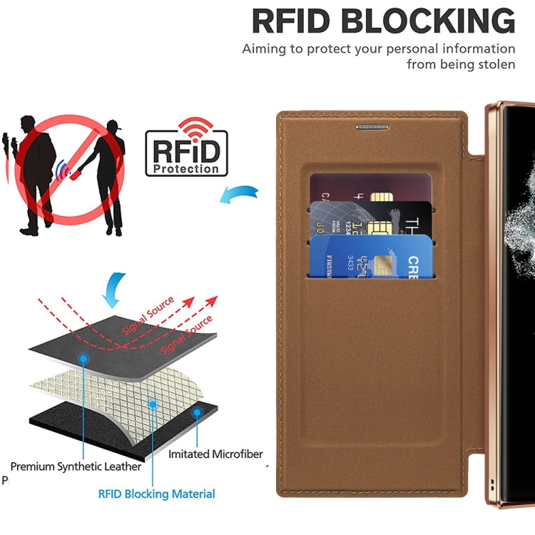 For Samsung Galaxy S22 Ultra 5G Shield MagSafe RFID Anti-theft Rhombus Leather Phone Case(Brown) by buy2fix